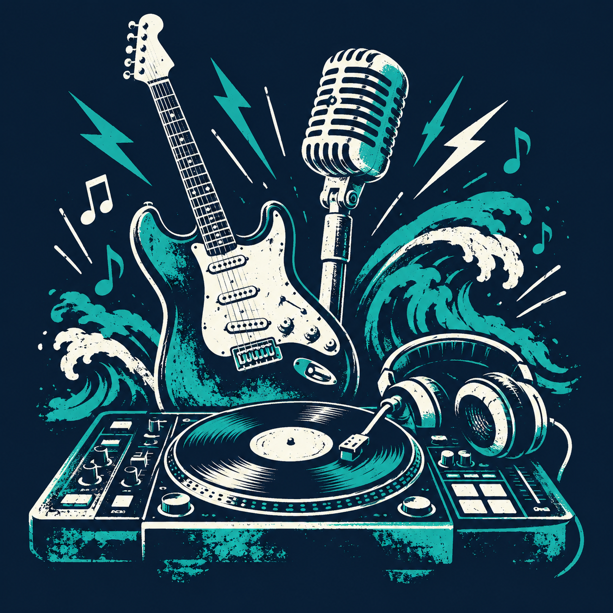 Illustration of a guitar, microphone, headphones and DJ decks