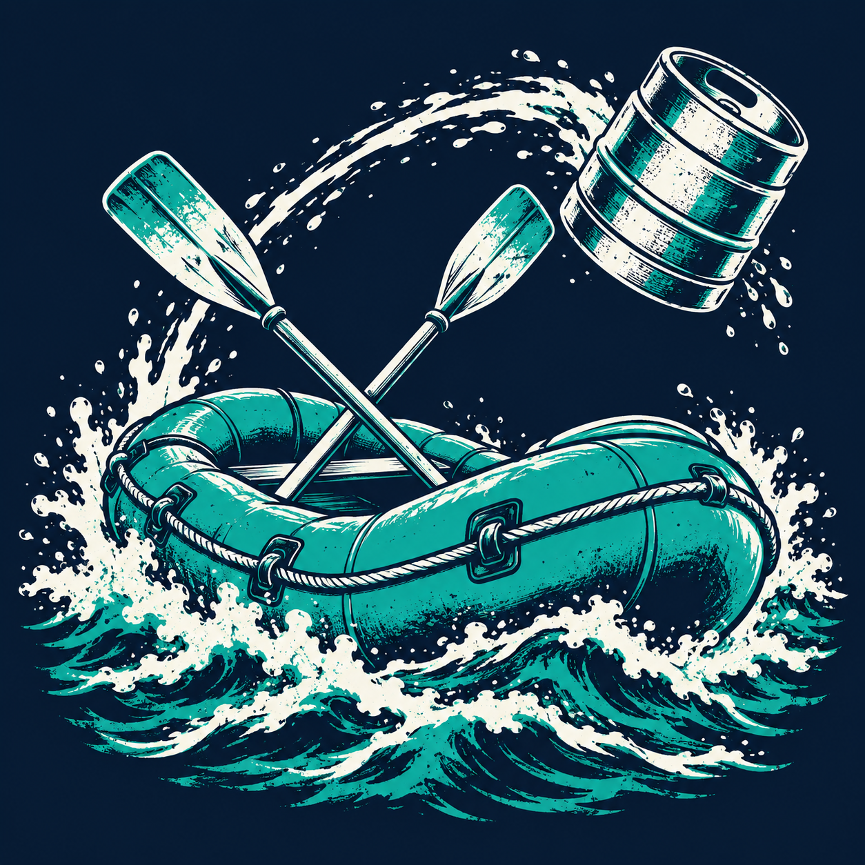 Illustration of an inflatable boat, paddles and a flying keg