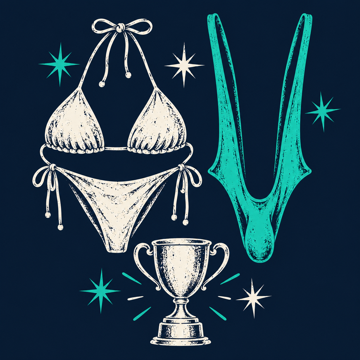 Illustration of a bikini, mankini and trophy